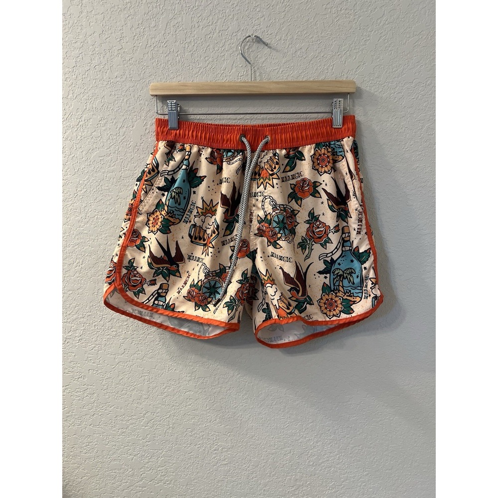 Maamgic Swim Trunks Mens L Tattoo Print Mesh Liner Quick Dry Swim Shorts